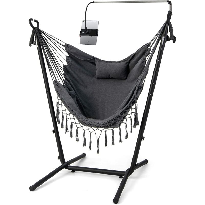 foto del prodotto sedia amaca sospesa con supporto, sedia appesa regolabile in altezza con supporto porta cellulare cuscino e tasca laterale, carico massimo 250 kg