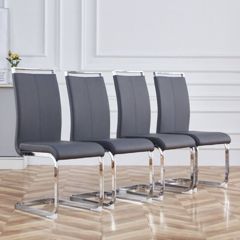 foto del prodotto sedia cantilever, struttura in metallo cromato, portata fino a 120 kg, leggermente imbottita e rivestimento in ecopelle, grigio set, 4 pezzi 