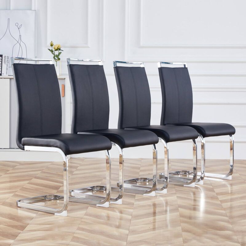 foto del prodotto sedia cantilever, struttura in metallo cromato, portata fino a 120 kg, morbida imbottitura e rivestimento in similpelle, nero, set, 4 pezzi okwish