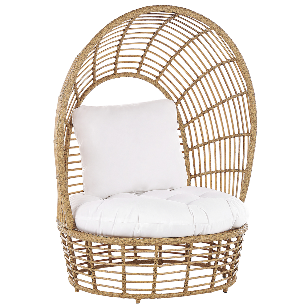 foto del prodotto sedia cestino beige rattan cuscino seduta schienale alto boho terrazza soggiorno