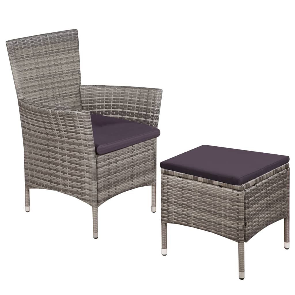 foto del prodotto sedia da esterno con sgabello e cuscini in polyrattan grigio