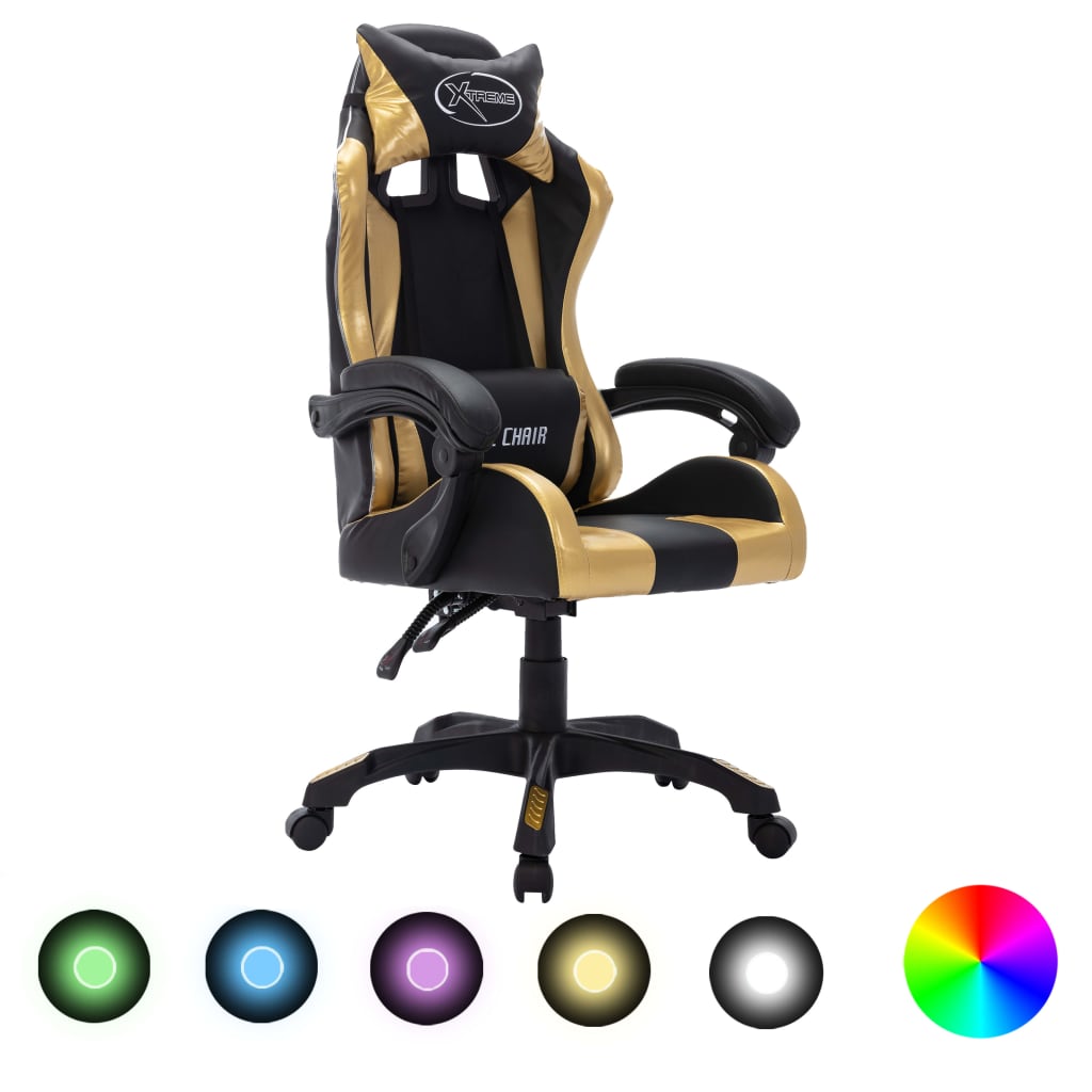 foto del prodotto sedia da gaming con luci a led rgb oro e nera in similpelle cod mxl 7566