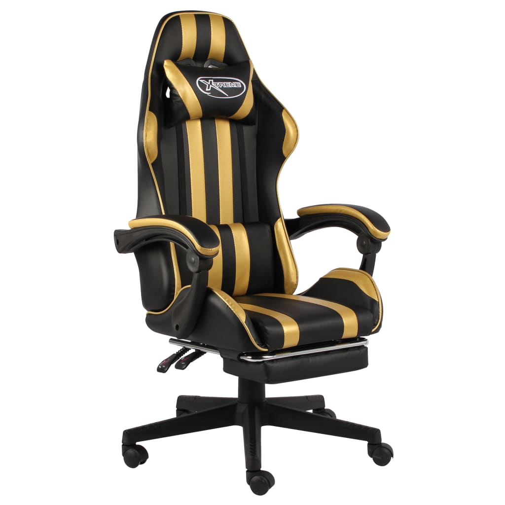foto del prodotto sedia da gaming con poggiapiedi nero e oro in similpelle cod mxl 5647