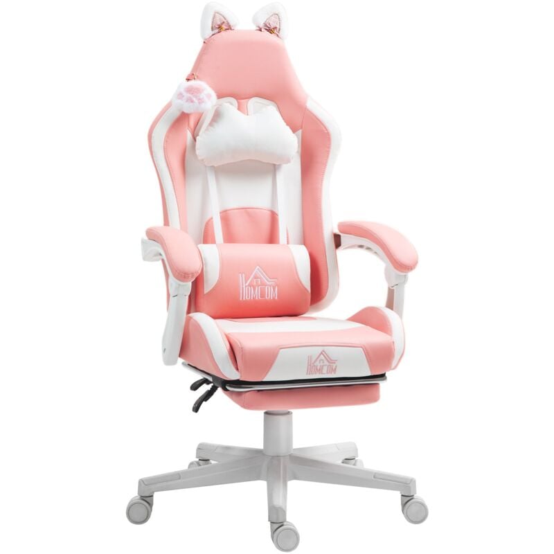foto del prodotto sedia da gaming ergonomica con orecchie da gatto poggiapiedi retrattile e schienale reclinabile 135 rosa