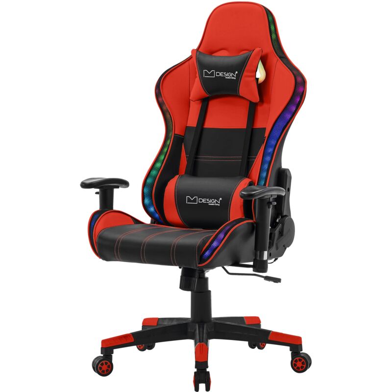foto del prodotto sedia da gaming illuminazione led rgb e altoparlanti bluetooth e cuscino lombare ecopelle rosso poltrona ufficio ergonomica confortevole braccioli