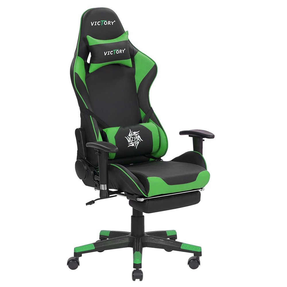 foto del prodotto sedia da gaming in ecopelle nera e verde con braccioli girevoli regolabili e poggiapiedi in altezza moderna