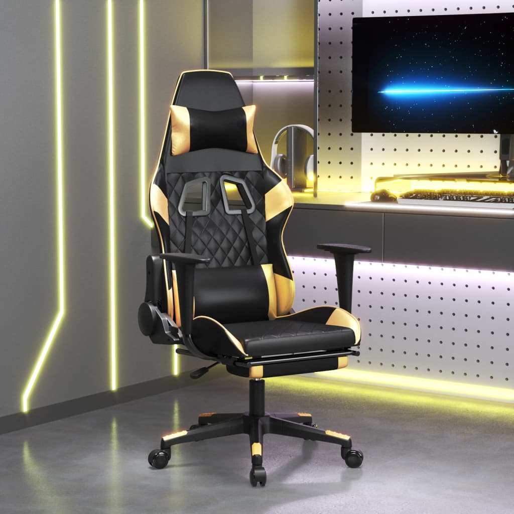 foto del prodotto sedia da gaming massaggiante poggiapiedi nero e oro similpelle cod mxl 68564