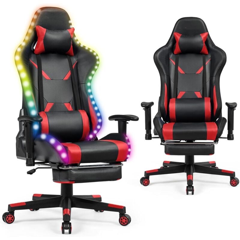 foto del prodotto sedia da gaming reclinabile con led multicolori, design ergonomico, sedia poltrona da ufficio,ruote girevoli rosso goplus