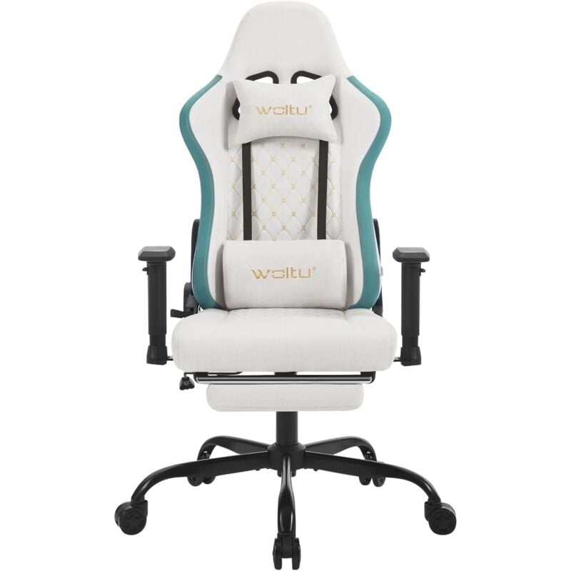 foto del prodotto sedia da gaming, sedia da ufficio con massaggiatore, poggiapiedi, poggiatesta, ergonomica, sedia da gaming con massaggio, blu bianco woltu