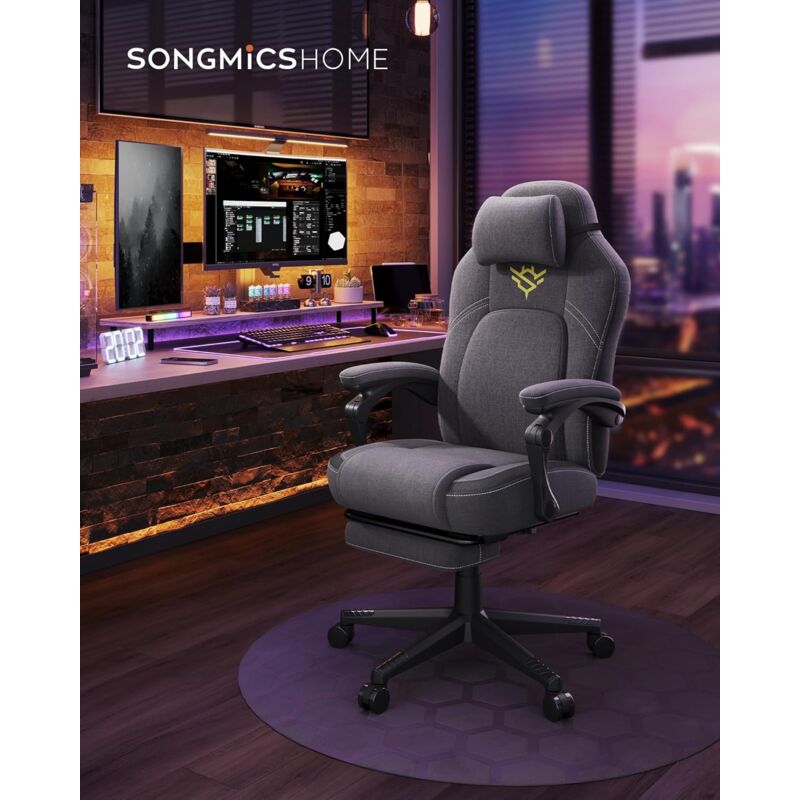 foto del prodotto sedia da gaming, sedia ergonomica per computer con poggiapiedi, sedia con poggiatesta, cotone lino, altezza regolabile, grigio tortora songmics home