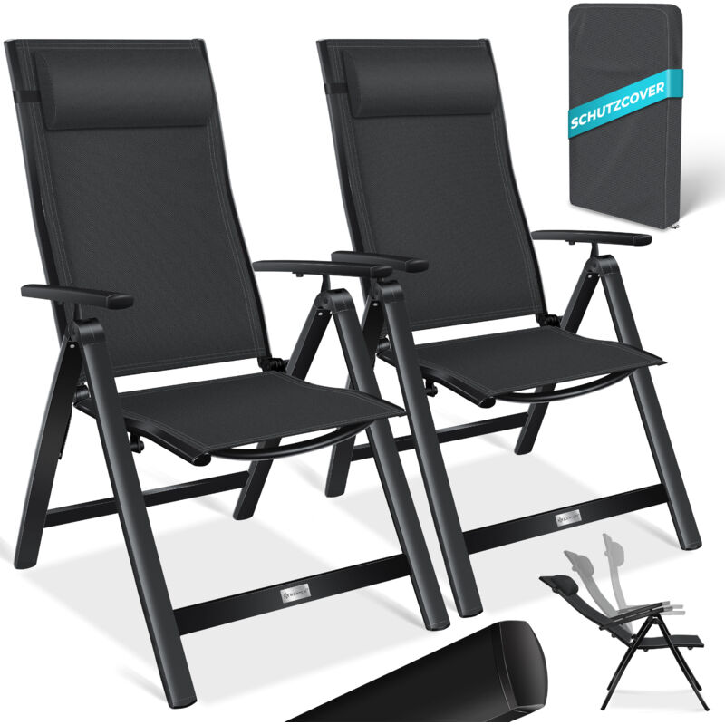 foto del prodotto sedia da giardino con braccioli sedia pieghevole in alluminio con cuscino regolabile in 7 posizioni traspirante nero, 2 pezzi - kesser