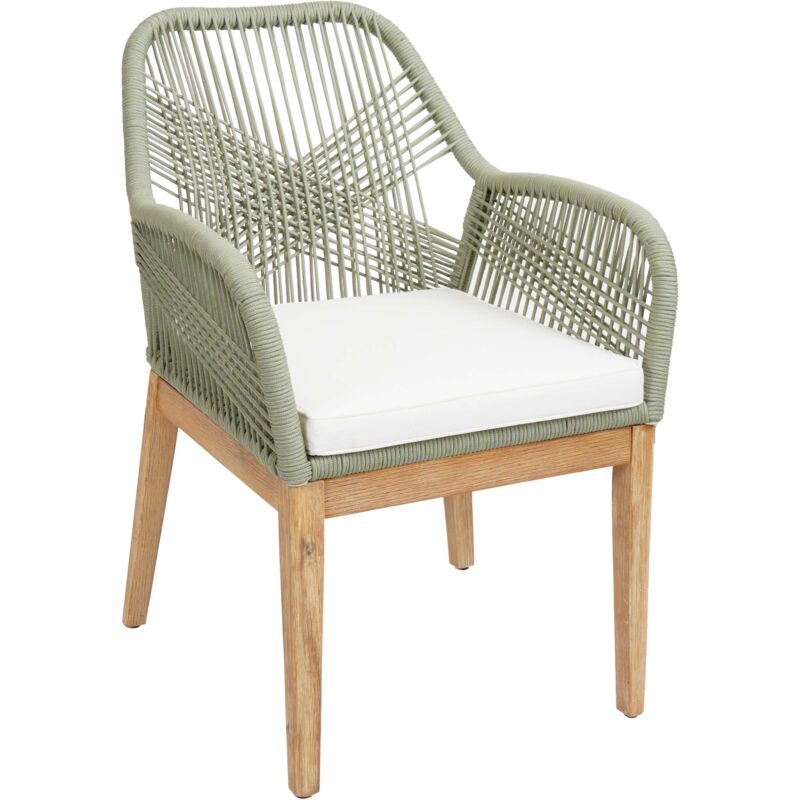 foto del prodotto sedia da giardino hhg 678b, poltrona da esterno, corda intrecciata legno di acacia, verde cuscini avorio
