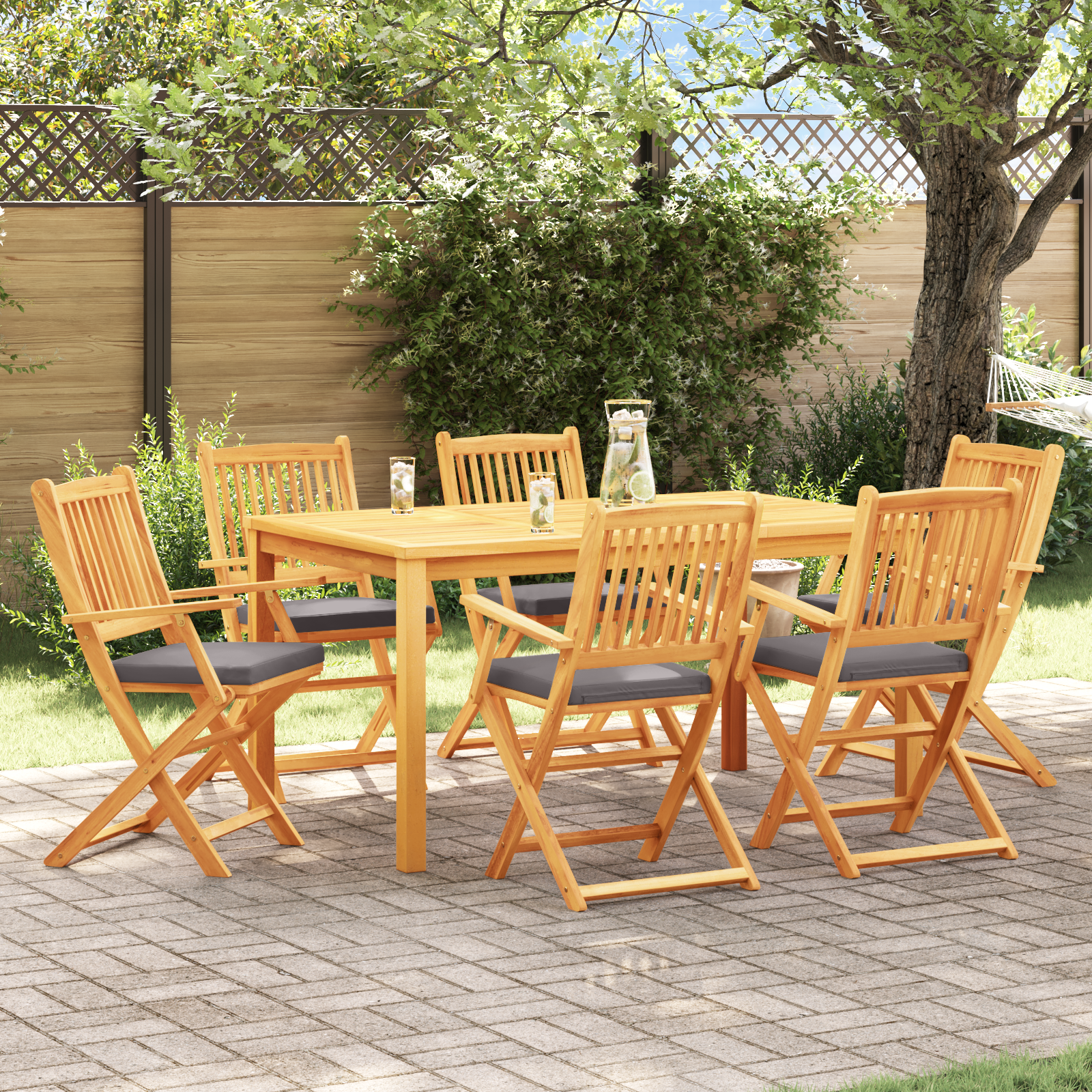 foto del prodotto sedia da giardino pieghevole con cuscino grigio 6pz in legno massello di acacia