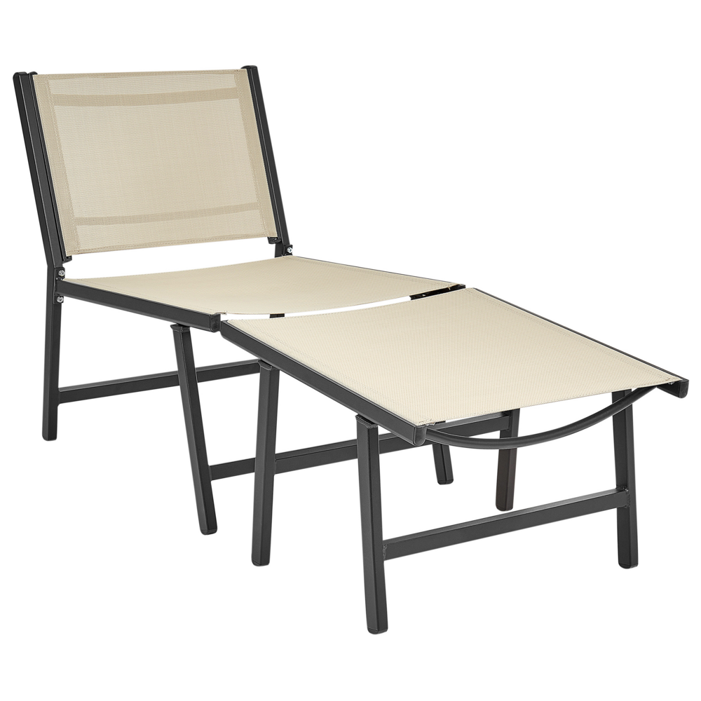 foto del prodotto sedia da giardino sedile in textilene beige e nero schienale in metallo con poggiapiedi design moderno per esterni