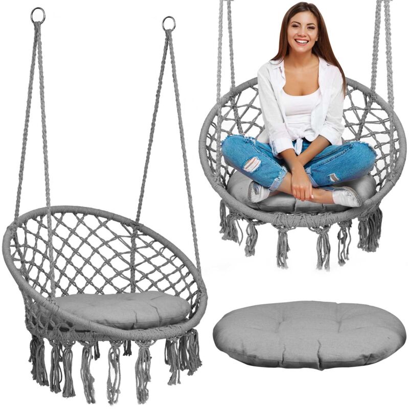 foto del prodotto sedia da giardino sospesa boho, grigia cuscino
