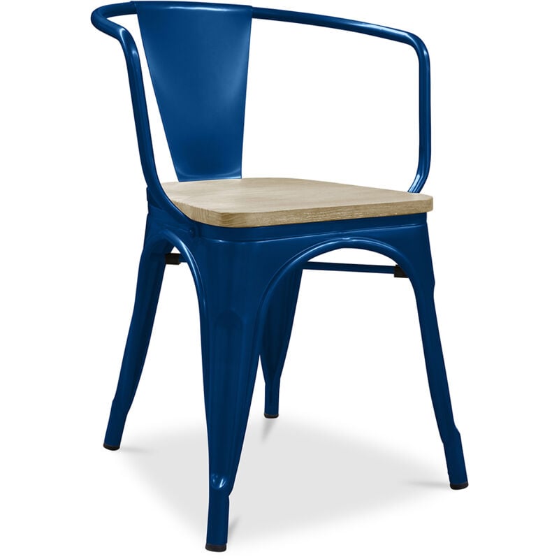 foto del prodotto sedia da pranzo con braccioli design industriale legno e acciaio nuova edizione stylix blu scuro