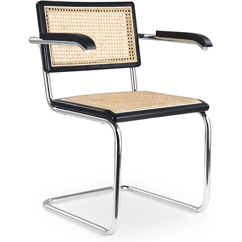 foto del prodotto sedia da pranzo con braccioli design vintage legno e rattan bruna nero