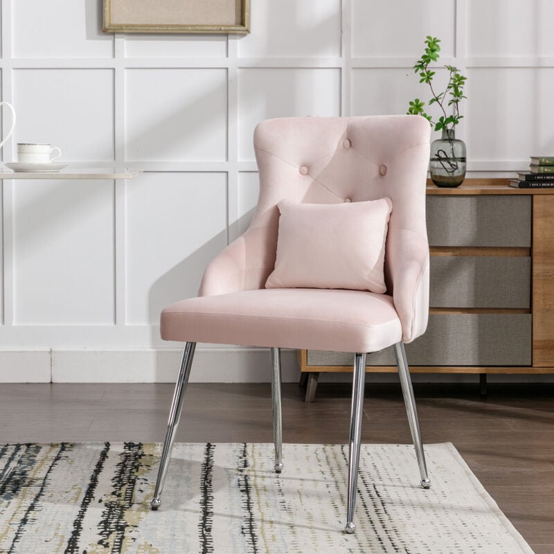 foto del prodotto sedia da pranzo con motivo a bottoni, poltrona imbottita, sedie con gambe in metallo, poltrona lounge moderna, sedia da soggiorno per camera da letto con cuscino lombare, rosa