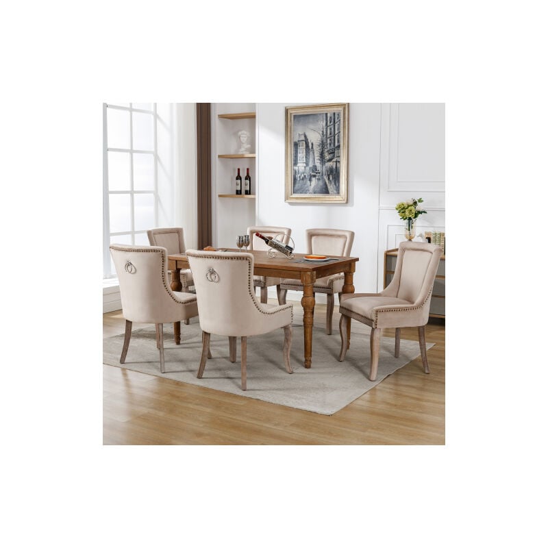 foto del prodotto sedia da pranzo di lusso sedia da cucina, sedia da soggiorno, 6 pezzi , sedia imbottita con finiture a chiodi, gambe in legno massiccio,