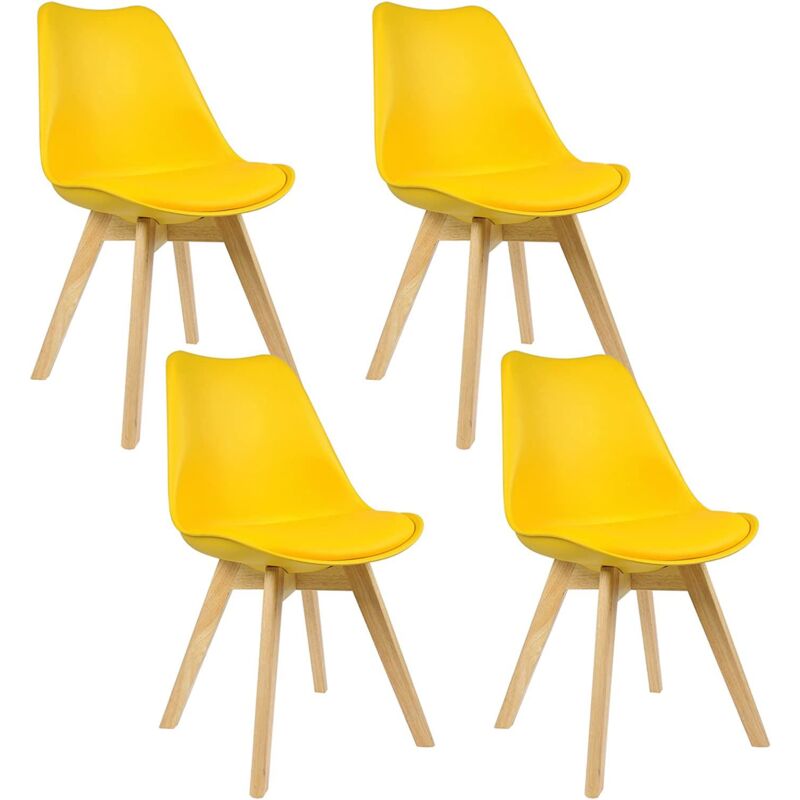 foto del prodotto sedia da pranzo ecopelle con schienale seduta imbottita gambe di legno set di 4 sedie da pranzo giallo woltu
