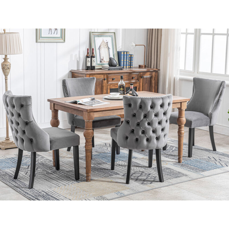 foto del prodotto sedia da pranzo imbottita con schienale alto e struttura in legno, velluto, grigio, 4 pz