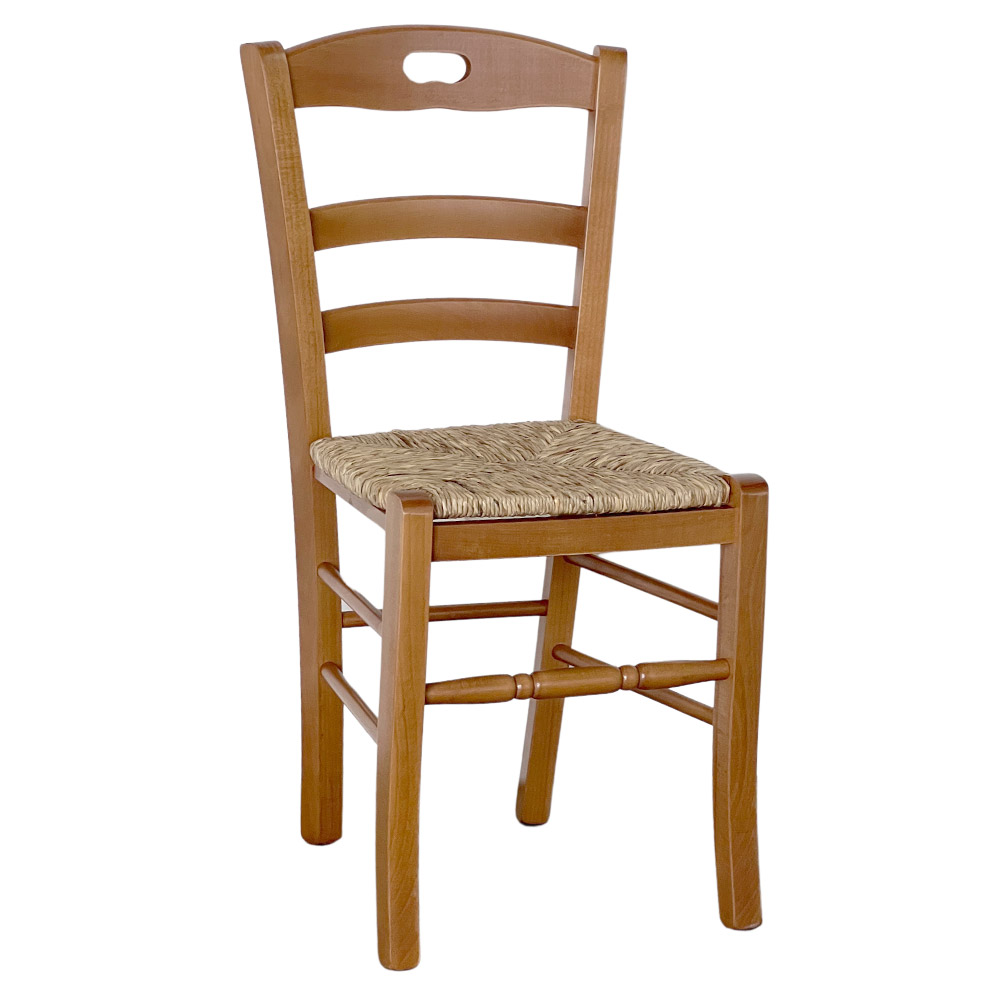 foto del prodotto sedia da pranzo loris in legno finitura noce chiaro con seduta in paglia