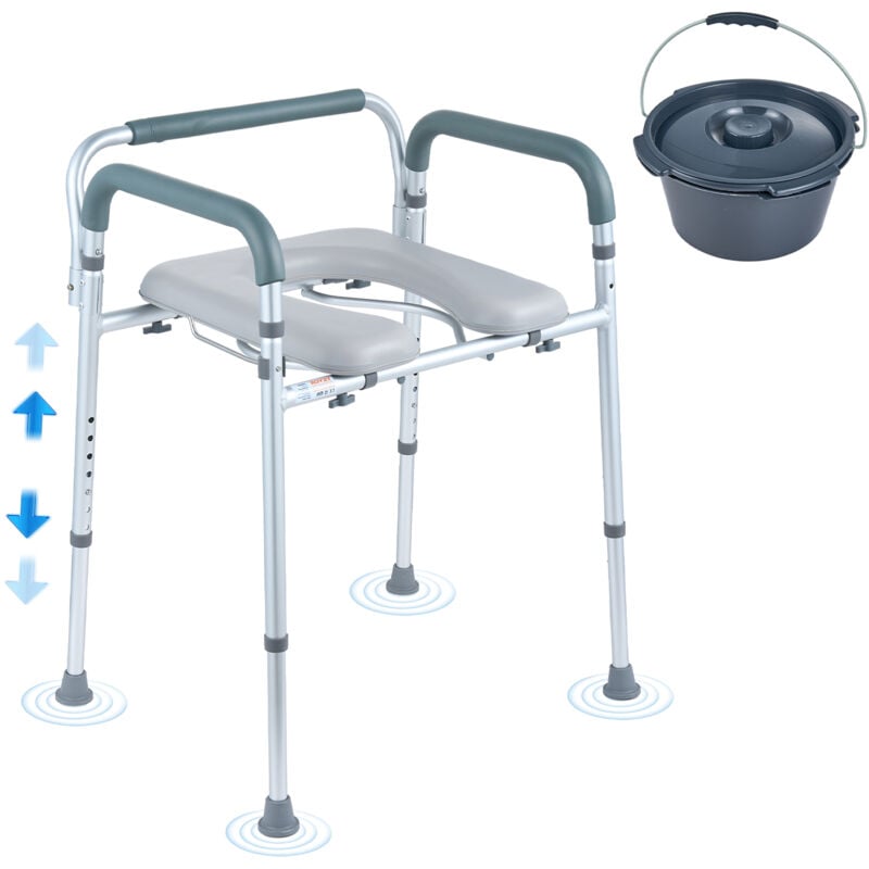 foto del prodotto sedia da toilette, comodino con seduta e braccioli imbottiti, altezza regolabile su 7 livelli, secchio rimovibile da 5,8 litri, capacita di 350 lbs
