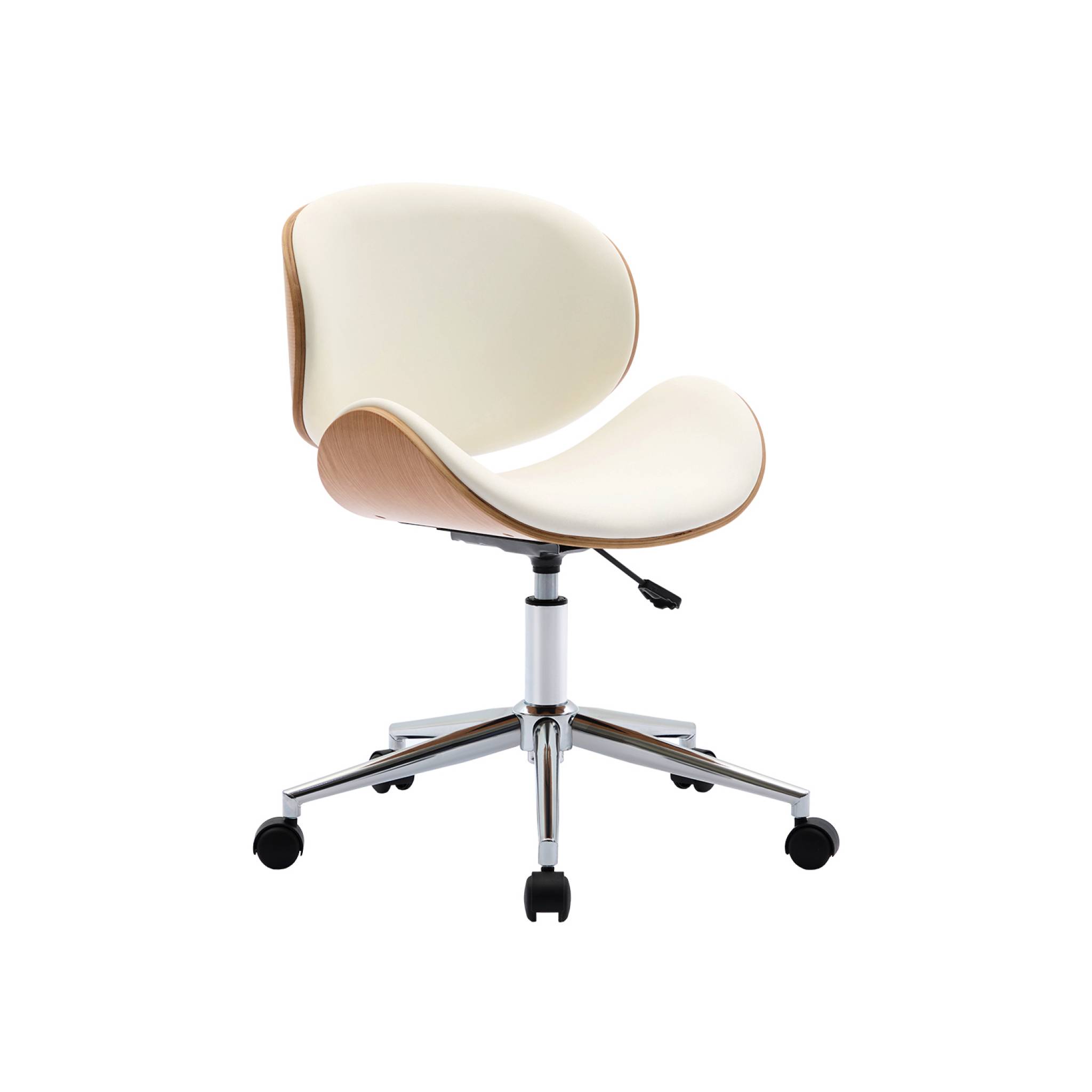 foto del prodotto sedia da ufficio con rotelle, effetto legno curvato e similpelle,