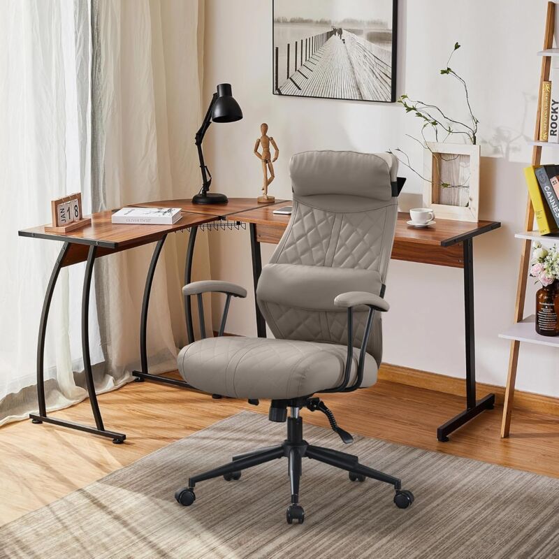 foto del prodotto sedia da ufficio ergonomica in finta pelle con rotelle, girevole a 360 , sedia da ufficio con schienale alto regolabile, con cuscino schienale