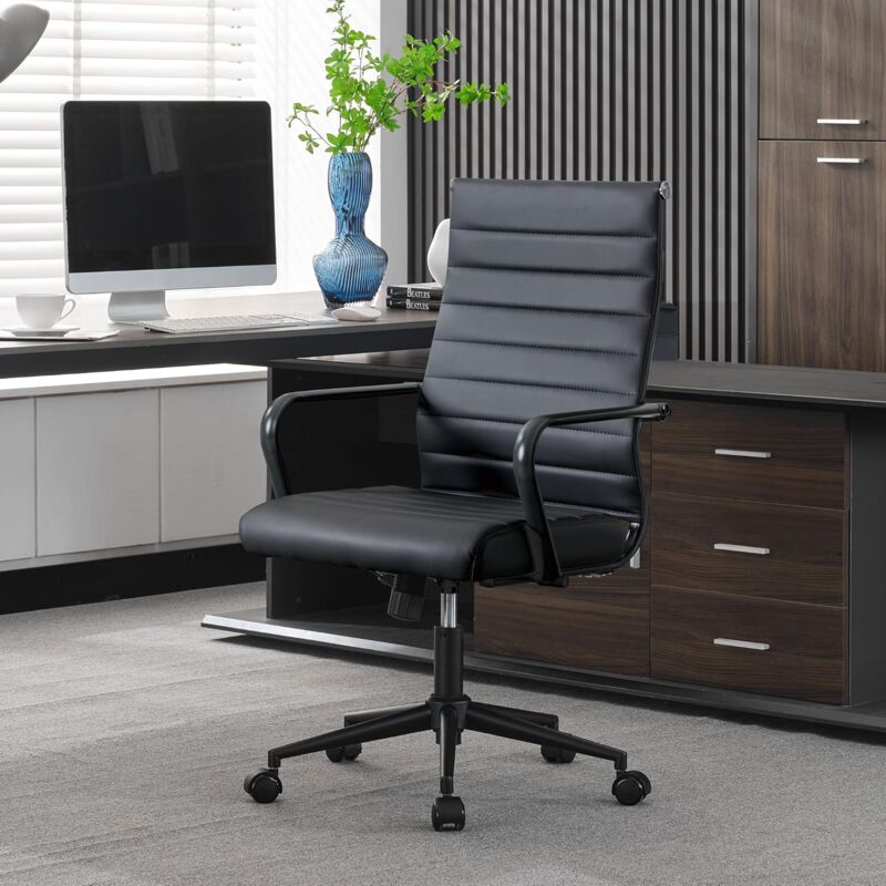 foto del prodotto sedia da ufficio ergonomica, sedia da ufficio moderna con rotelle, altezza regolabile, con braccioli, portata fino a 150 kg, finta pelle pu, nero