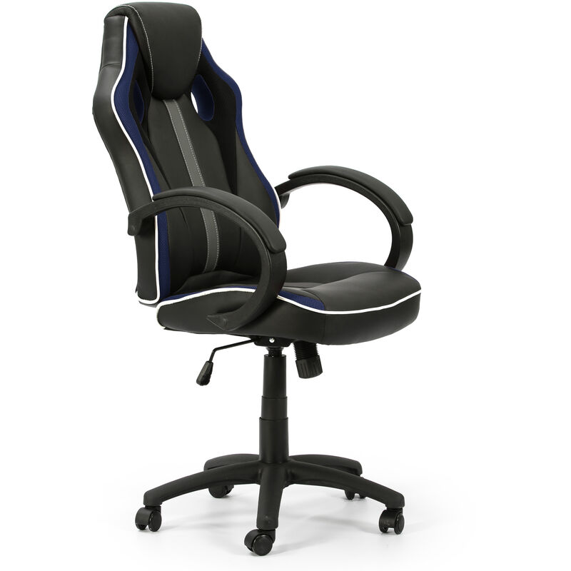 foto del prodotto sedia da ufficio formula sollevabile e reclinabile rivestita in ecopelle e tessuto rete, colore nero e blu, braccioli imbottiti