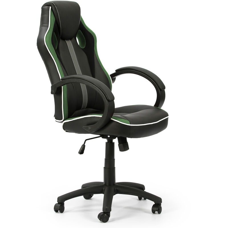 foto del prodotto sedia da ufficio formula sollevabile e reclinabile rivestita in ecopelle e tessuto rete, colore nero e verde braccioli imbottiti