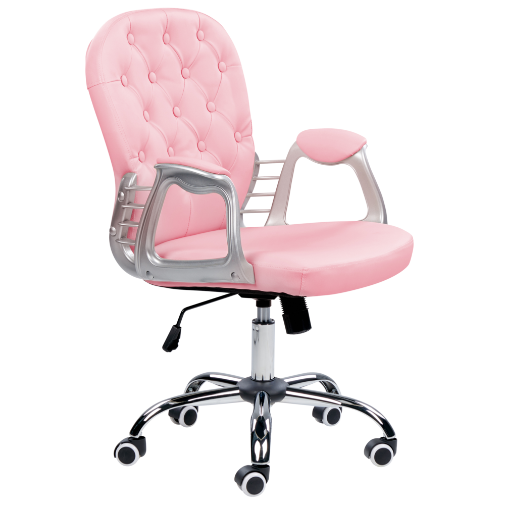 foto del prodotto sedia da ufficio in ecopelle rosa con pulsante regolabile in altezza con alzata a gas con schienale capitonn e rotazione completa
