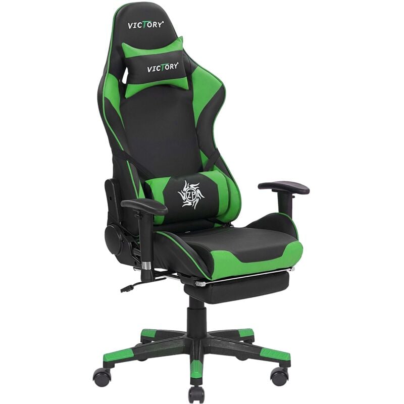 foto del prodotto sedia gaming braccioli regolabili ecopelle nera e verde e poggiapiedi victory