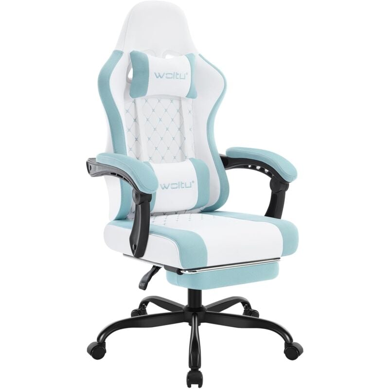 foto del prodotto sedia gaming poltrona ufficio con supporto lombare e poggiatesta altezza regolabile bianco blu woltu