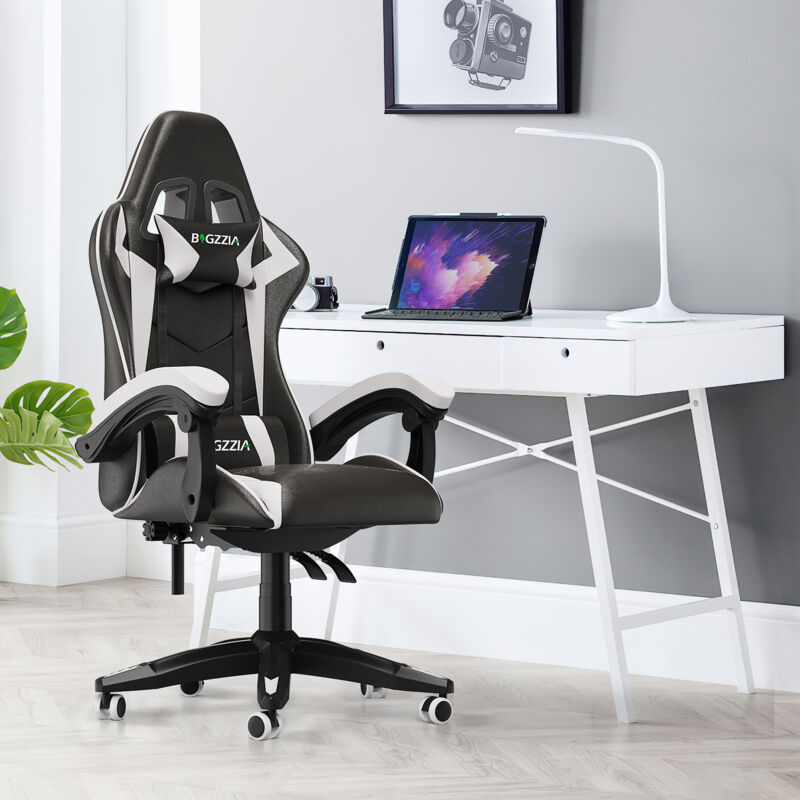 foto del prodotto sedia gaming, sedia da gioco bigzzia sedia ufficio ergonomica con schienale regolabile, poggiatesta e supporto lombare, bianco