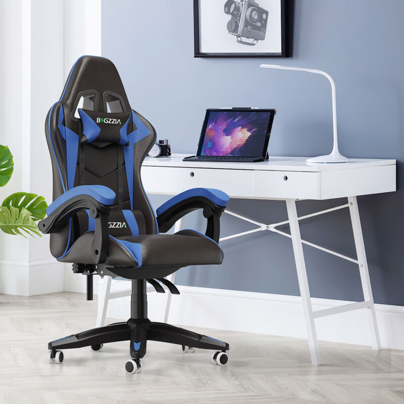 foto del prodotto sedia gaming, sedia da gioco bigzzia sedia ufficio ergonomica con schienale regolabile, poggiatesta e supporto lombare, blu