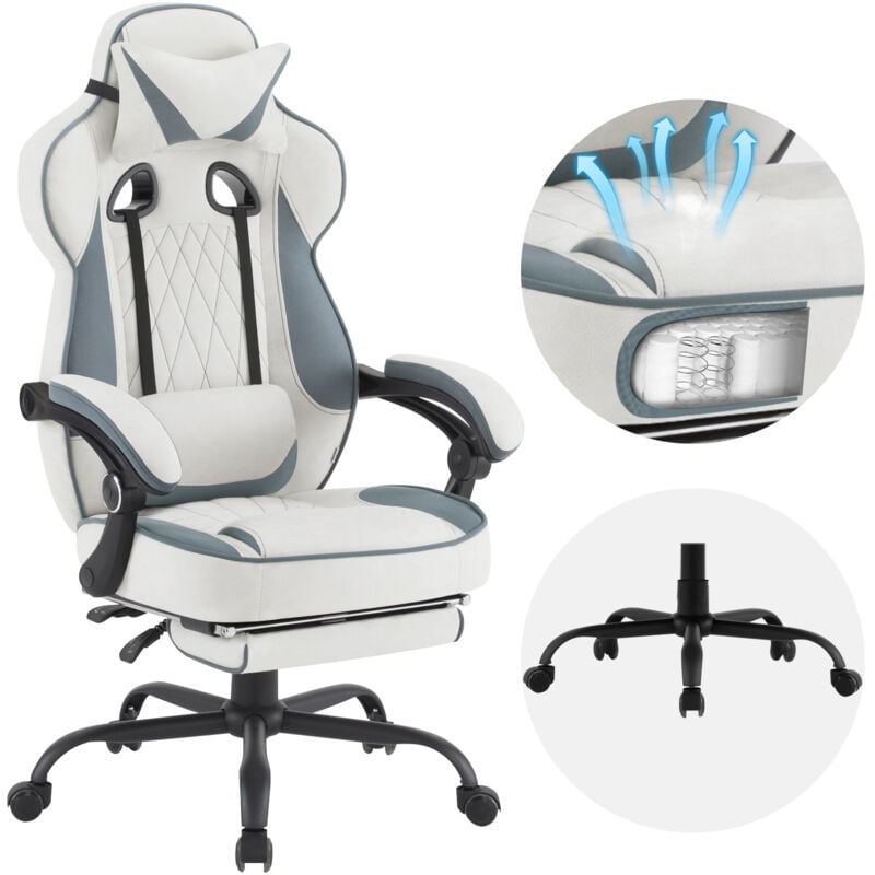 foto del prodotto sedia gaming, sedia girevole ergonomica, tessuto leathaire, blu bianco woltu
