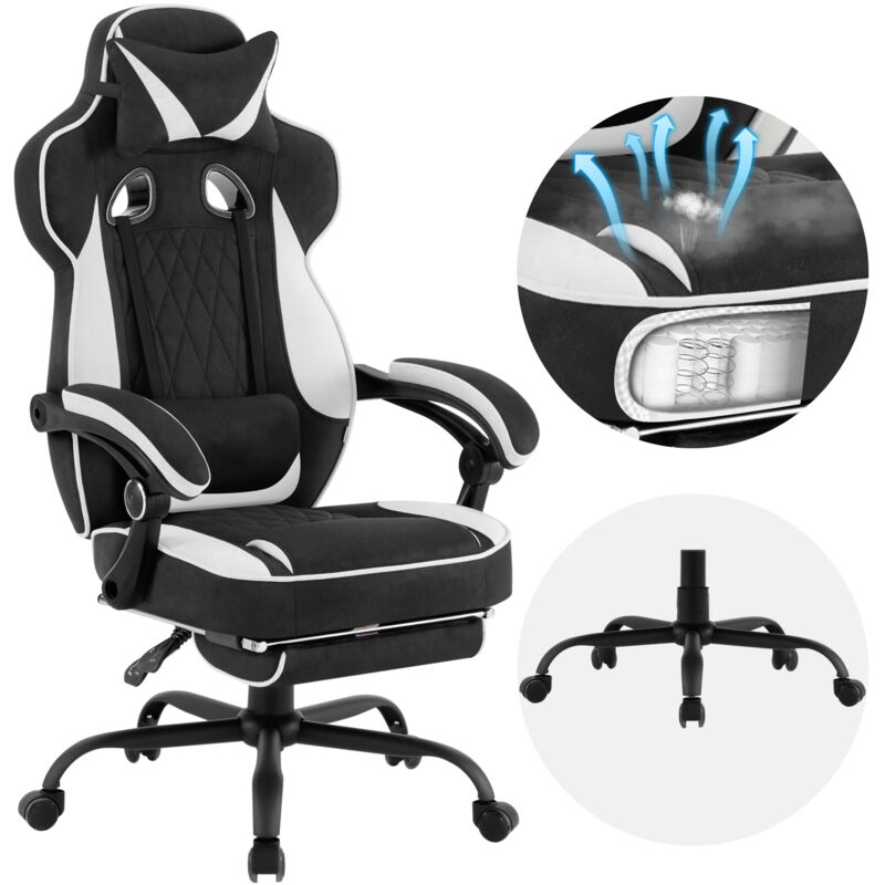 foto del prodotto sedia gaming, sedia girevole ergonomica, tessuto leathaire, nero bianco woltu