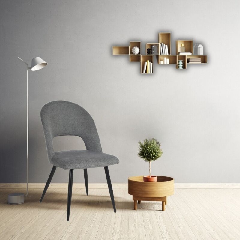foto del prodotto sedia imbottita rivestimento tessuto grigio e gambe nere lunetta
