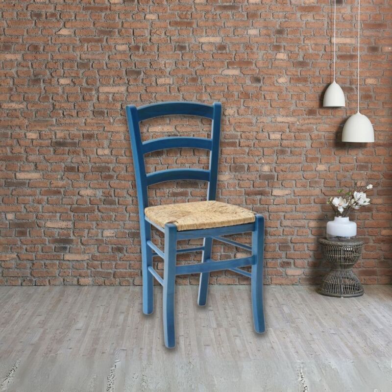 foto del prodotto sedia in legno di faggio con seduta paglia venezia colore anilina celeste
