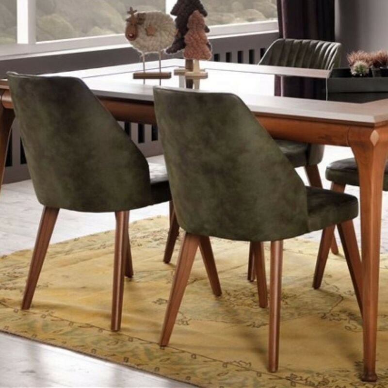 foto del prodotto sedia in legno e vellutino colore verde oliva e gambe noce diana