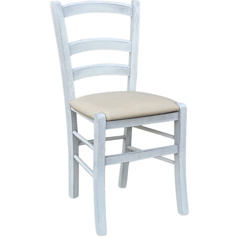 foto del prodotto sedia in legno venezia anticata bianca con seduta similpelle color crema