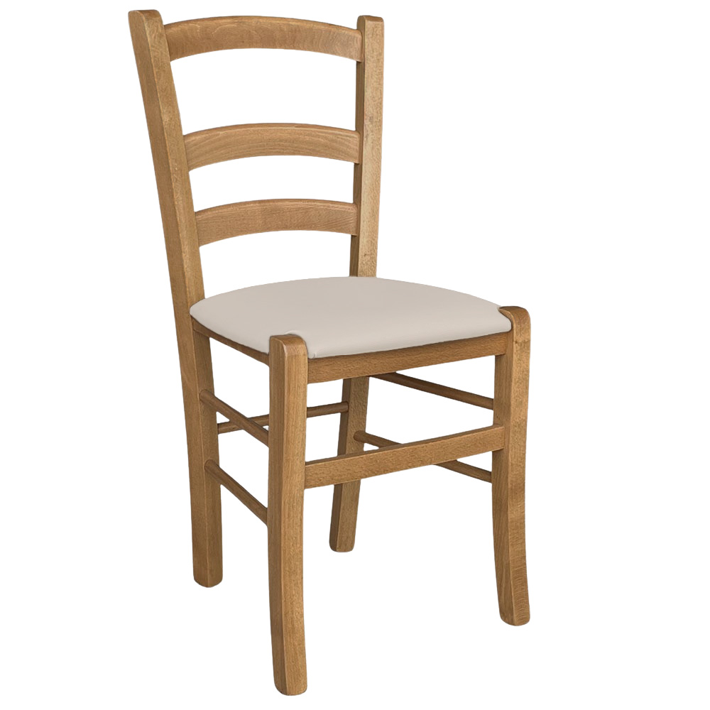 foto del prodotto sedia in legno venezia noce chiaro con seduta imbottita similpelle beige