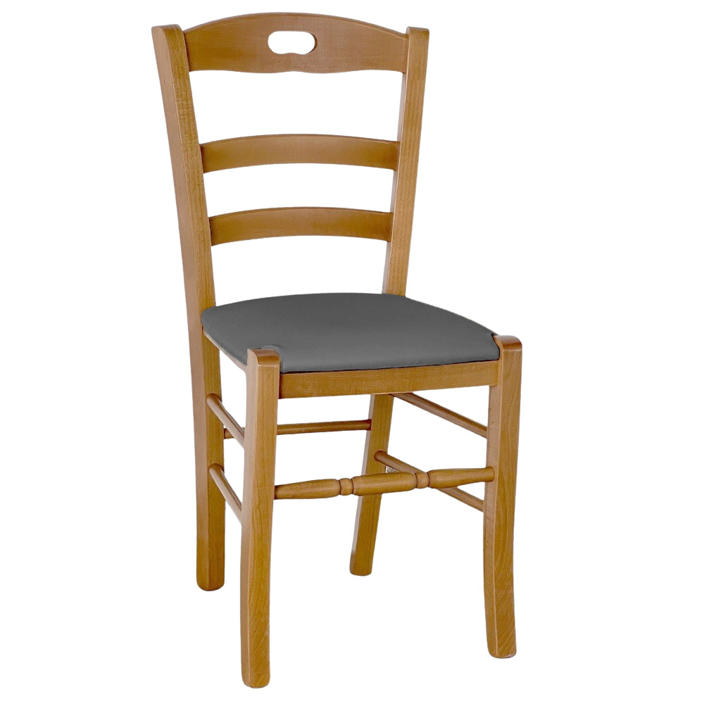 foto del prodotto sedia legno loris noce chiaro con seduta imbottita ecopelle grigio antracite