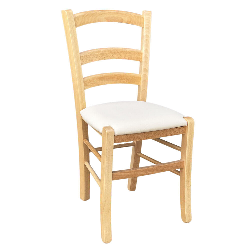 foto del prodotto sedia legno venezia color naturale con seduta similpelle imbottita crema