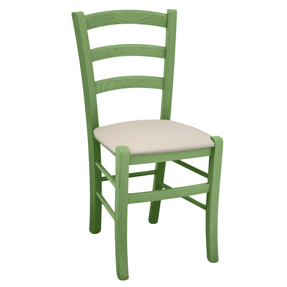 foto del prodotto sedia legno venezia verde con seduta in similpelle beige