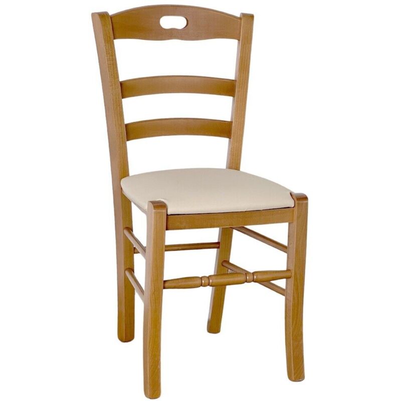 foto del prodotto sedia loris in noce chiaro con seduta in similpelle crema beige