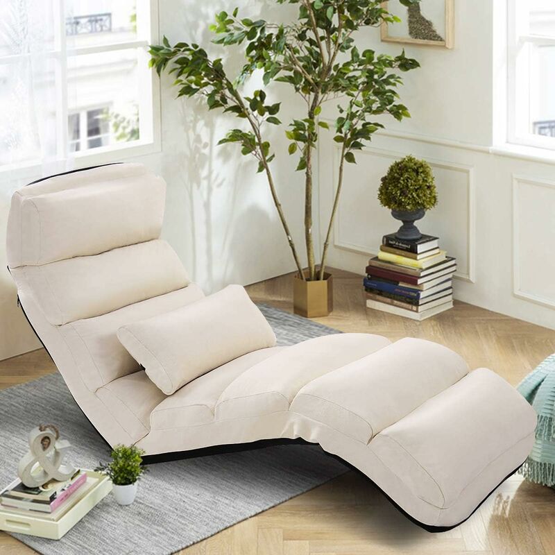 foto del prodotto sedia pieghevole da pavimento portatile, divano imbottito, regolabile in 5 posizioni, supporto per la schiena, ideale per rilassarsi leggere beige 
