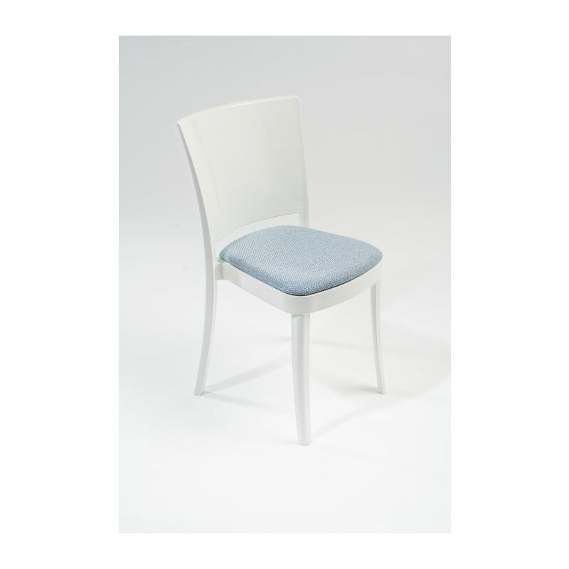 foto del prodotto sedia policarbonato bianco imbottita lucienne con cuscino tessuto trevira canvas colore cuscino azzurro